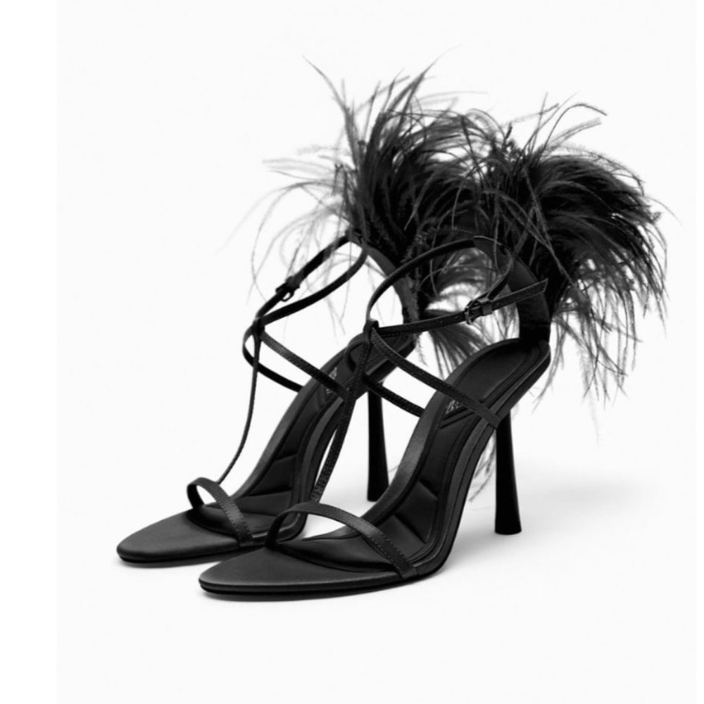 ZARA BLACK HIGH-HEEL SANDALS WITH FEATHERS